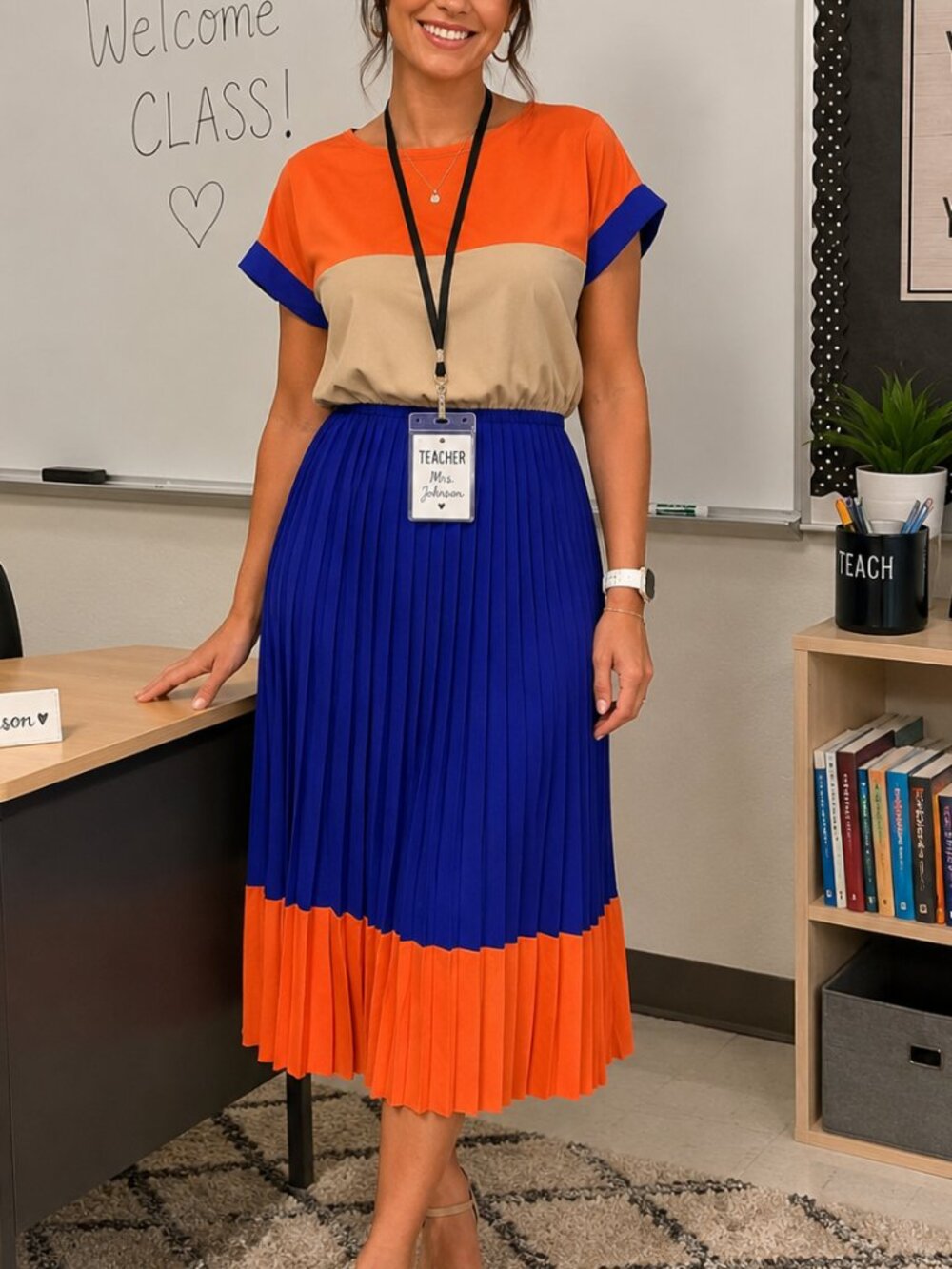 Beulah Colorblock Pleated Midi Dress | Orange Blue & Beige | Size Small